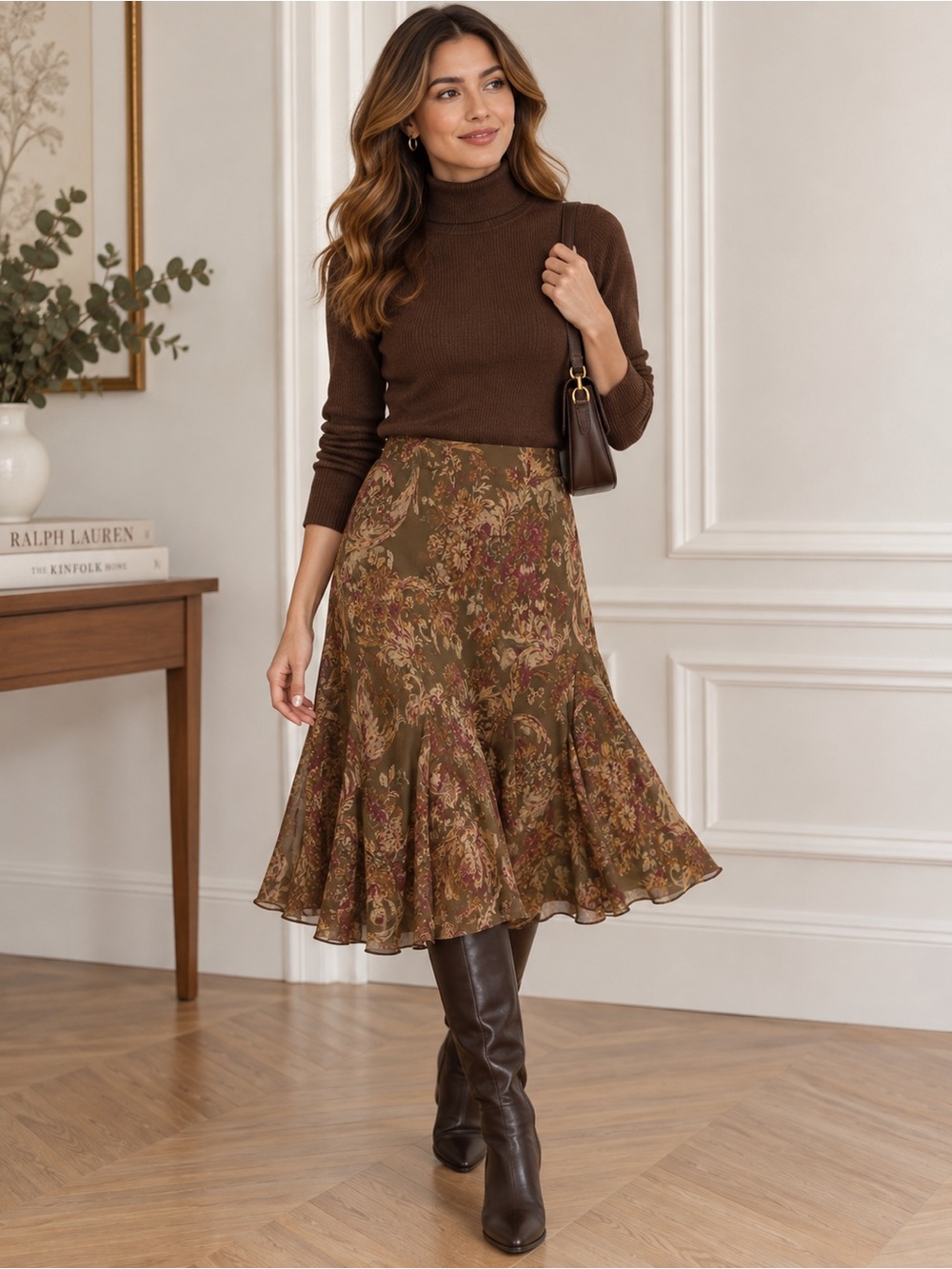 Lauren Ralph Lauren elastic Olive Floral Ruffled Midi Skirt Large